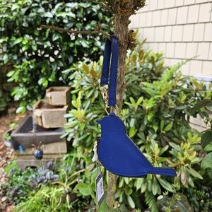 Fossil Bird Zip Bag Charm Coin Purse Key Chain Pebble Leather Sapphire Blue NWT